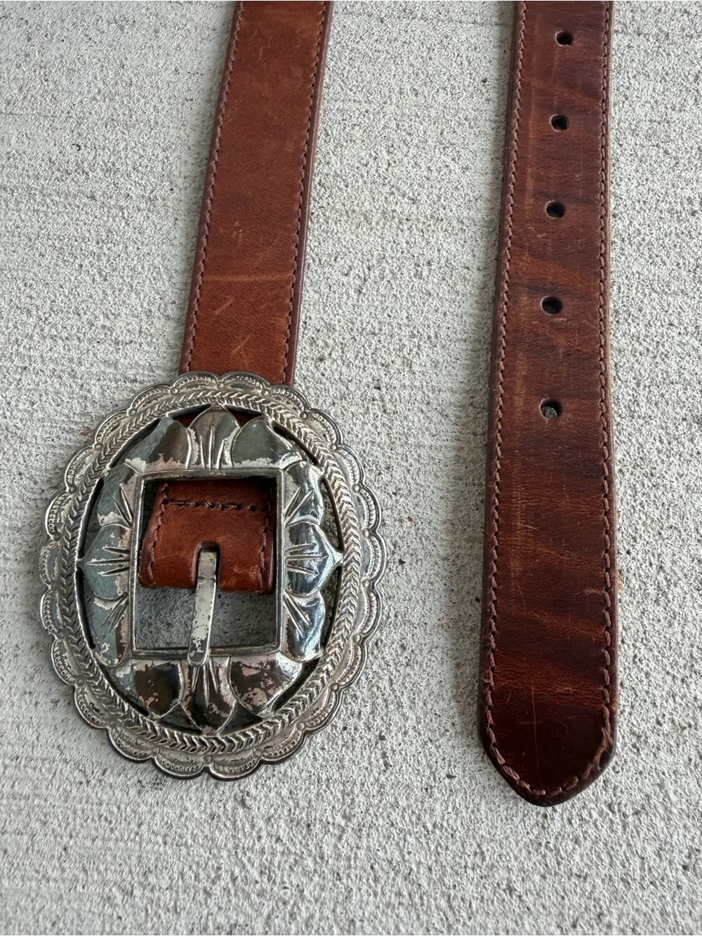 Fossil Brown Leather Belt Silver Western Concho Buckle Size M 37.5”